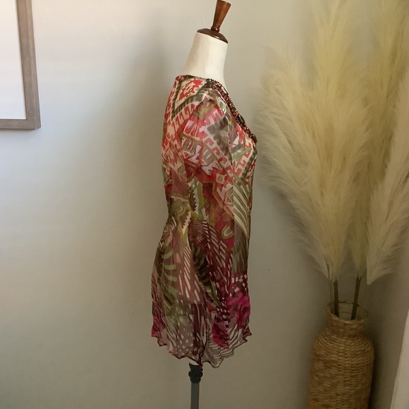 Kay Celine Multicolored Sheer Tunic with Beaded Neckline, NWT, Size S - Picture 4 of 16